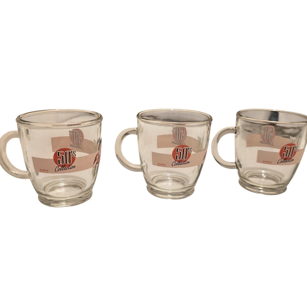 Cerve 50s Collection Glass Mugs Set of 3 Retro Vintage Style Made in Italy Clear
